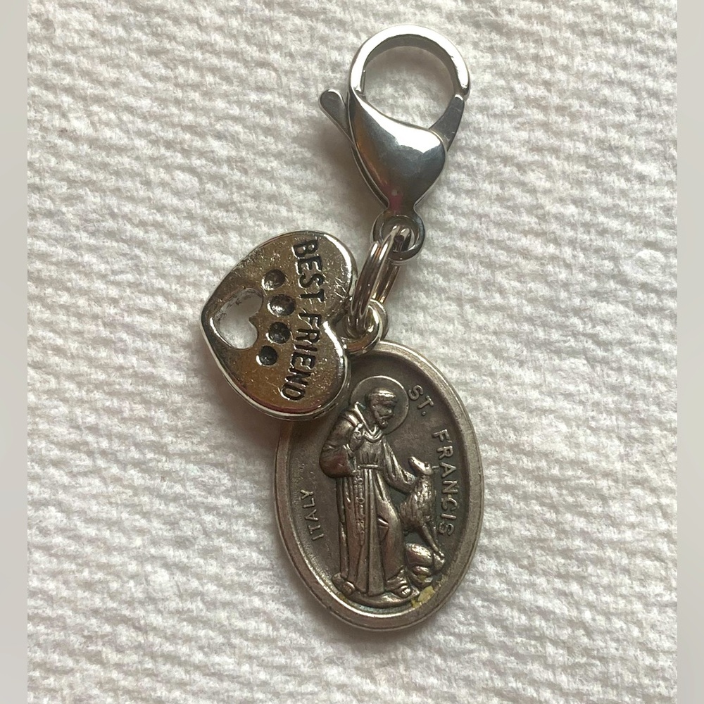 St. Francis medal with heart Best Friend clip on pet charm